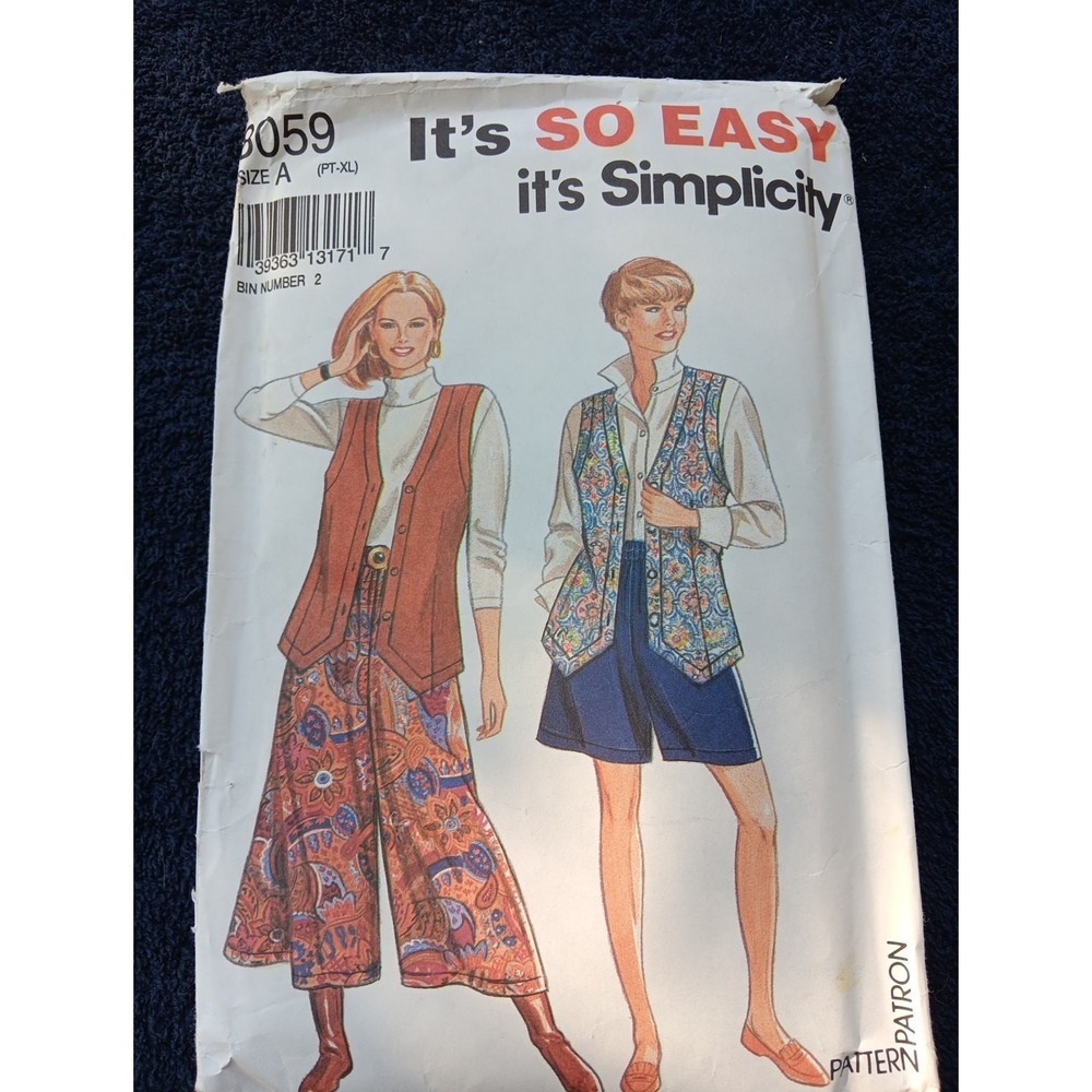 Simplicity #8059 Sewing Pattern Culottes Shorts & Vest (5 Szes- PT-XL) Cut at XL